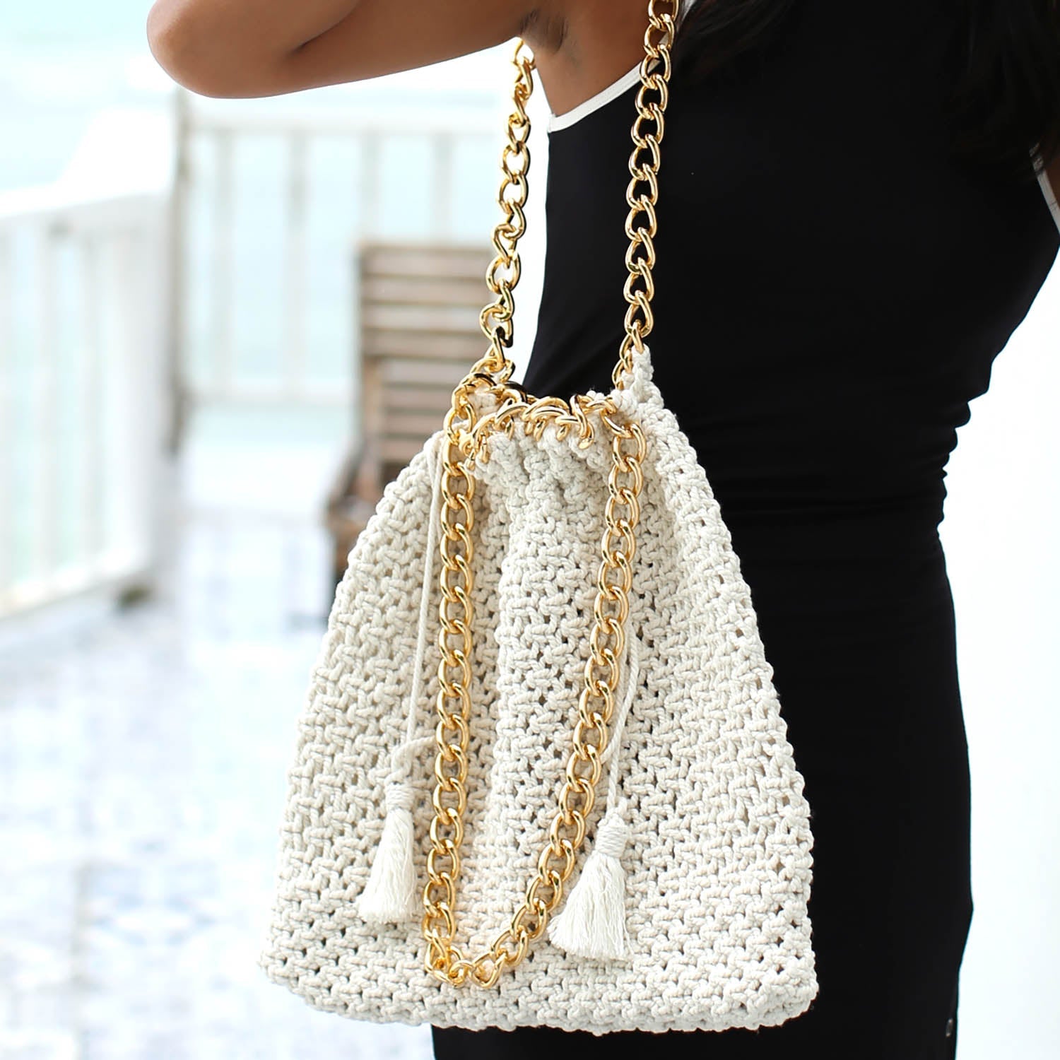 The Colette Macrame Beach Bag In Off-White BrunnaCo