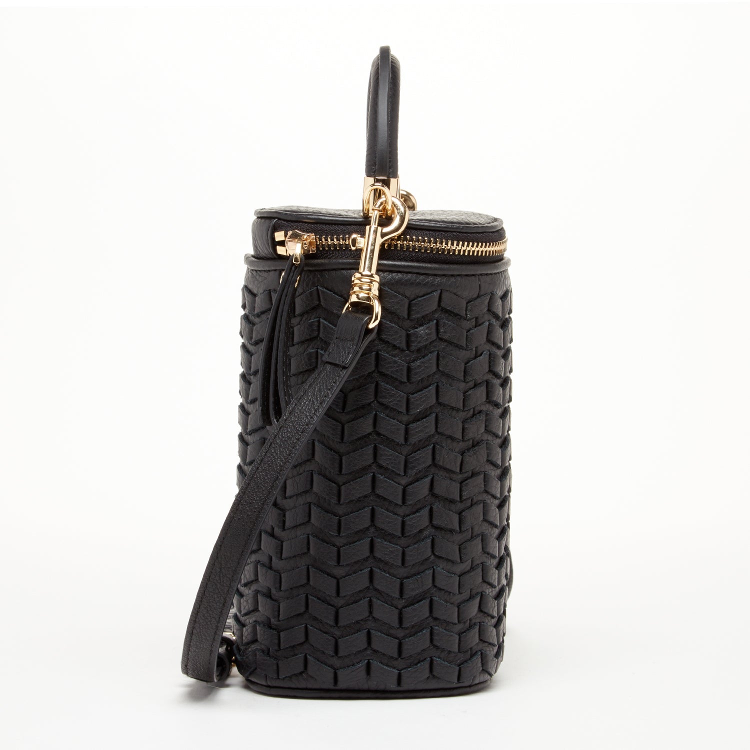 Women's Black Woven Leather Bucket Bag - SUSU Mini Crossbody Purse with Gold Chain SUSU