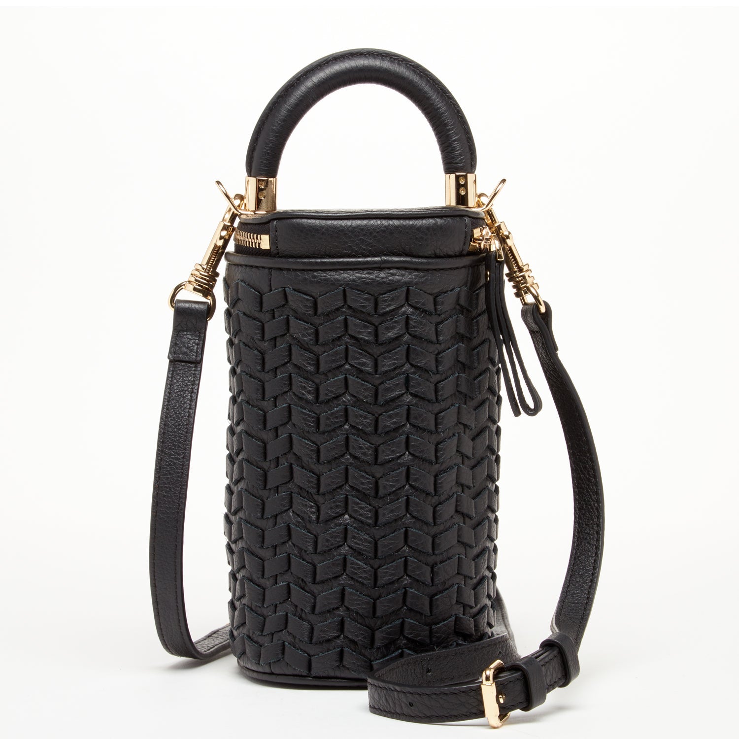 Women's Black Woven Leather Bucket Bag - SUSU Mini Crossbody Purse with Gold Chain SUSU