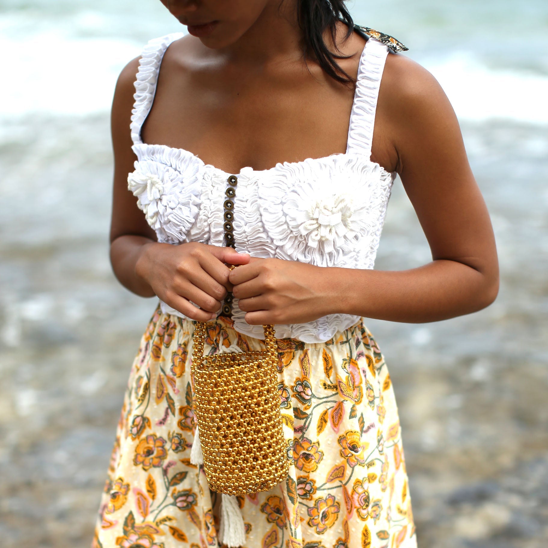 GOLDA Metallic Beads Bucket Bag In Gold BrunnaCo