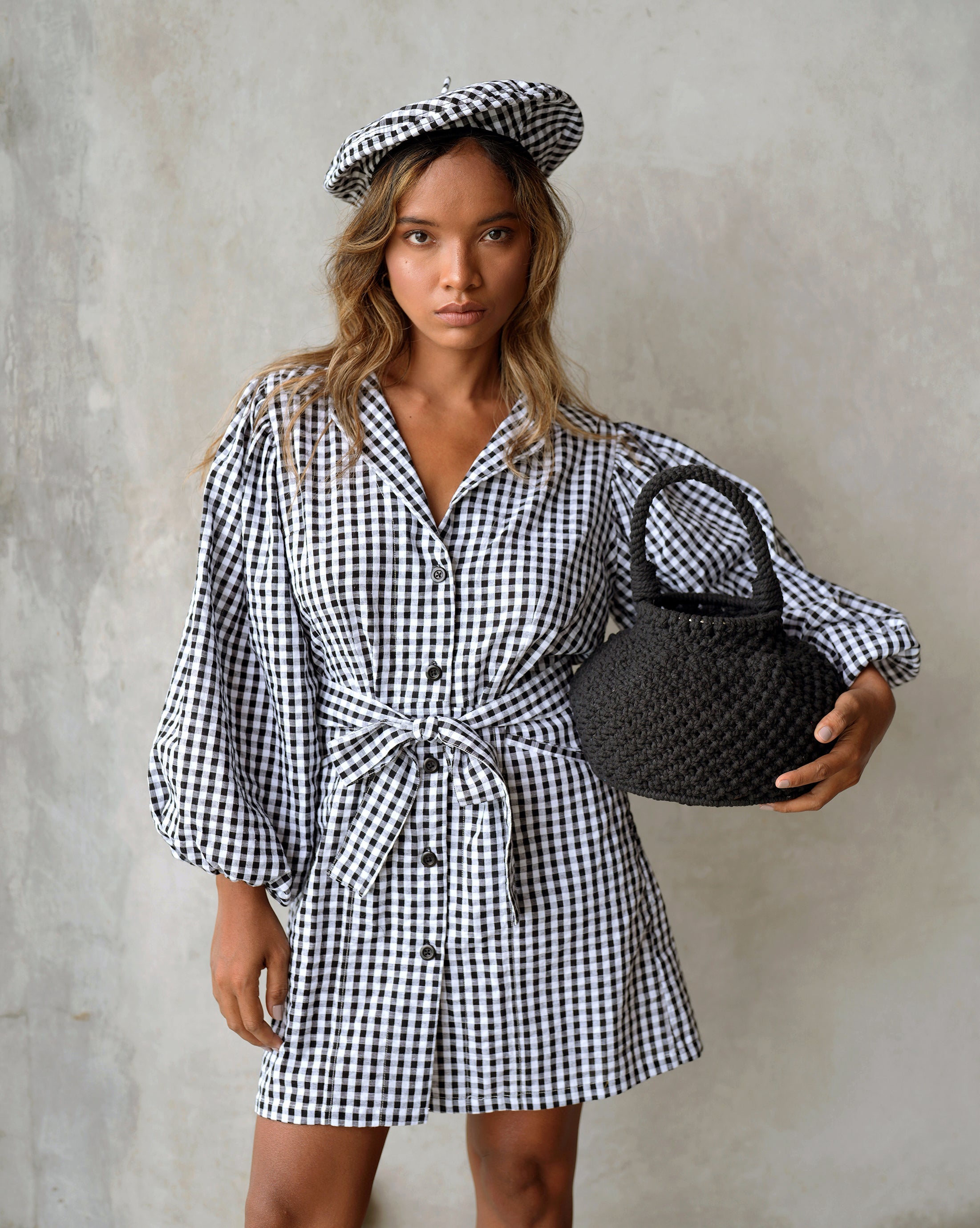 The Meghan Mini Gingham Dress In Black BrunnaCo