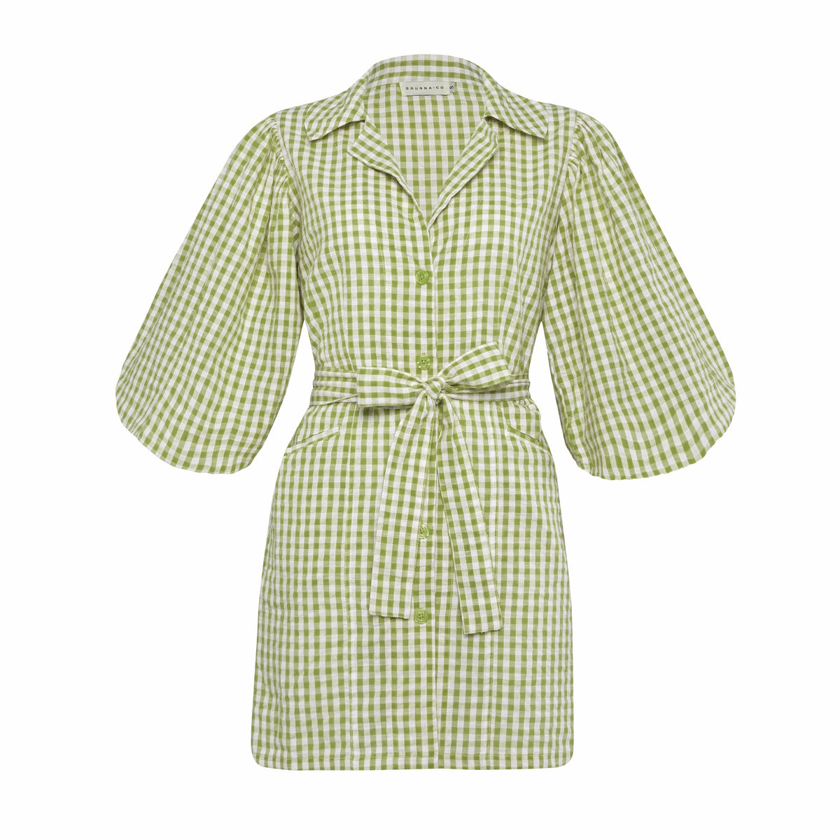 The Meghan Mini Gingham Dress, in Olive Green BrunnaCo