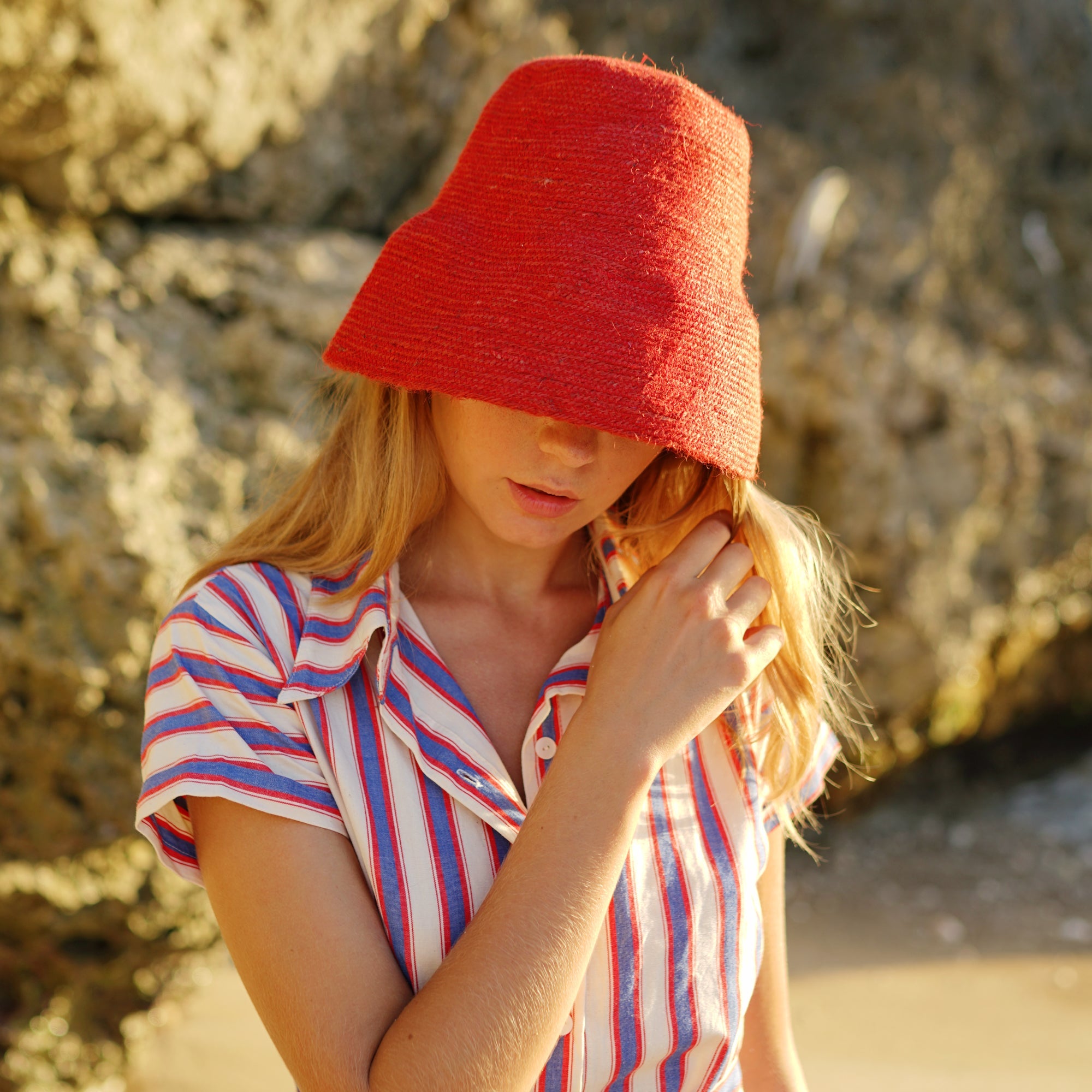 The Naomi Jute Clochet Straw Hat In Red BrunnaCo