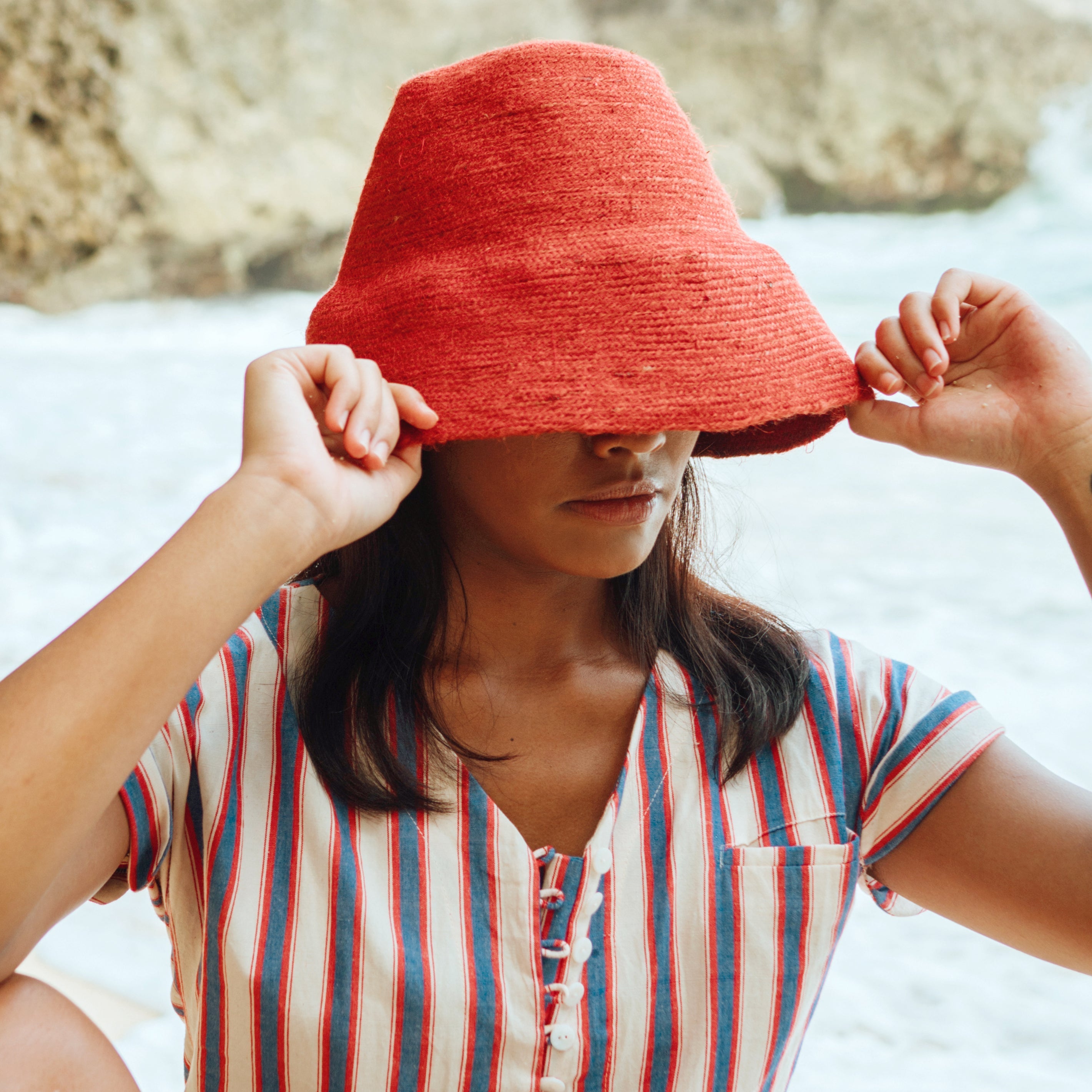 The Naomi Jute Clochet Straw Hat In Red BrunnaCo