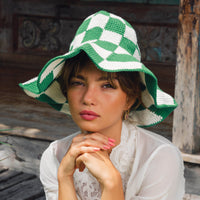 The Shilo Checkered Crochet Hat In Green & White BrunnaCo