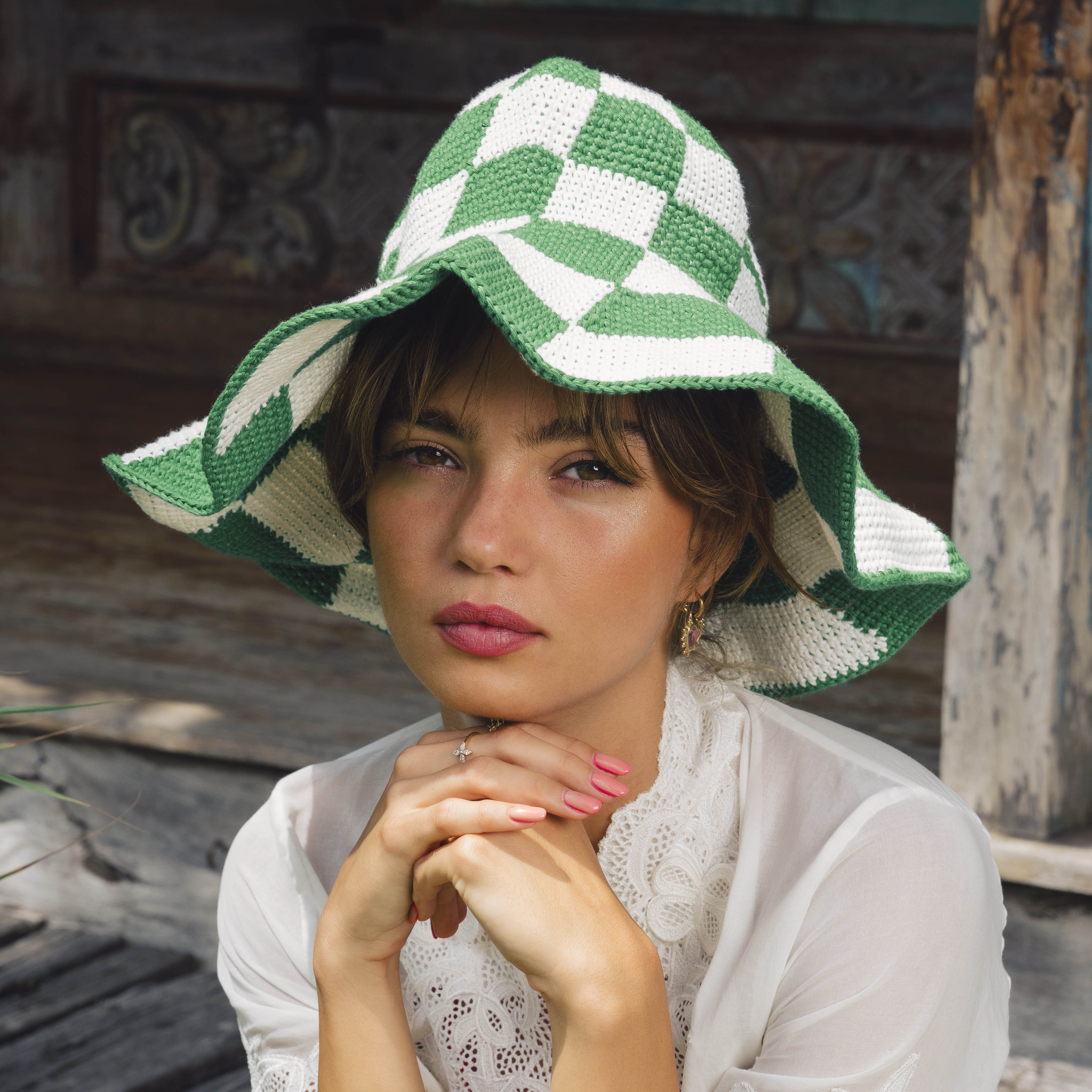 The Shilo Checkered Crochet Hat In Green & White BrunnaCo