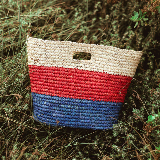 SAYAN Raffia Tote Bag, in Red & Blue BrunnaCo