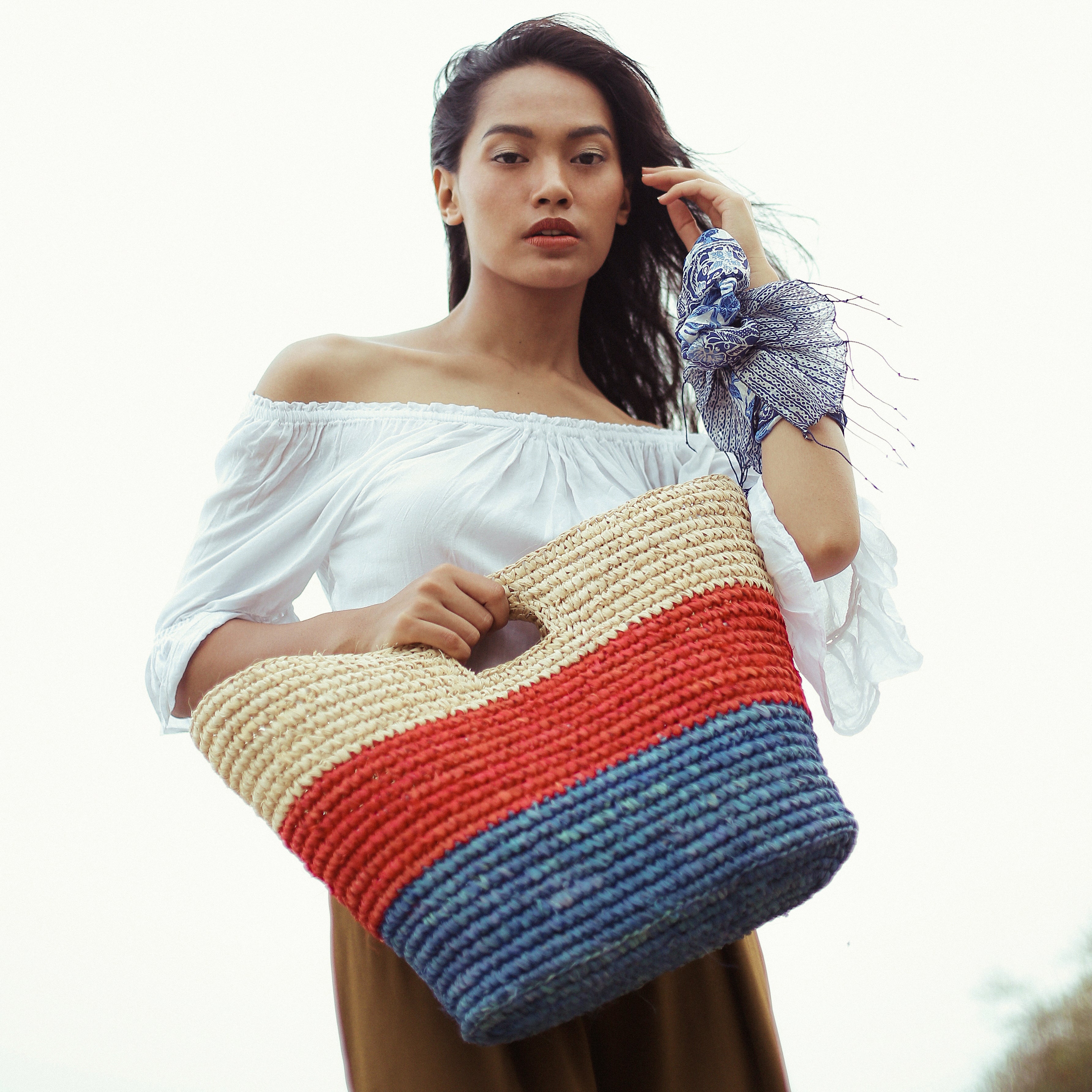 SAYAN Raffia Tote Bag, in Red & Blue BrunnaCo