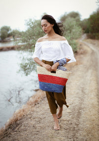SAYAN Raffia Tote Bag, in Red & Blue BrunnaCo