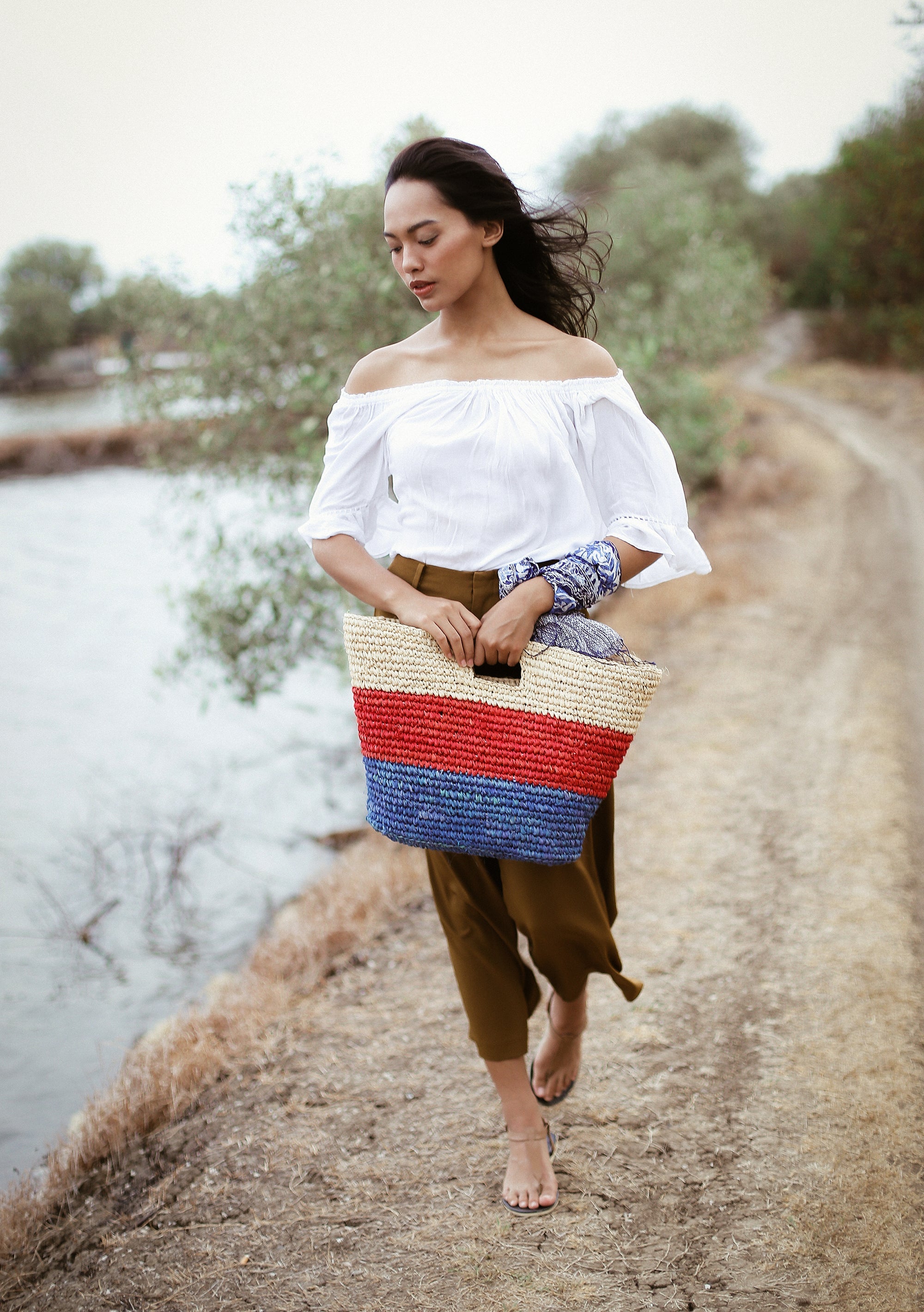 SAYAN Raffia Tote Bag, in Red & Blue BrunnaCo