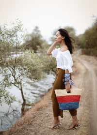 SAYAN Raffia Tote Bag, in Red & Blue BrunnaCo
