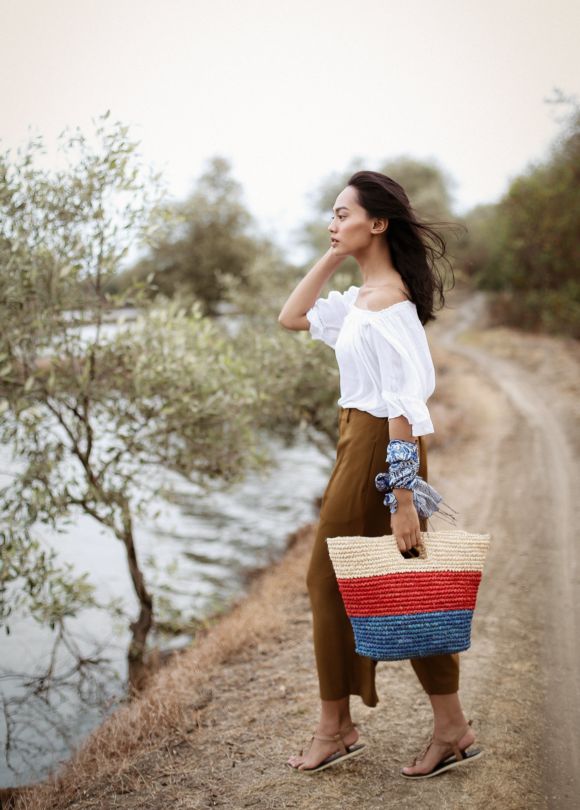 SAYAN Raffia Tote Bag, in Red & Blue BrunnaCo