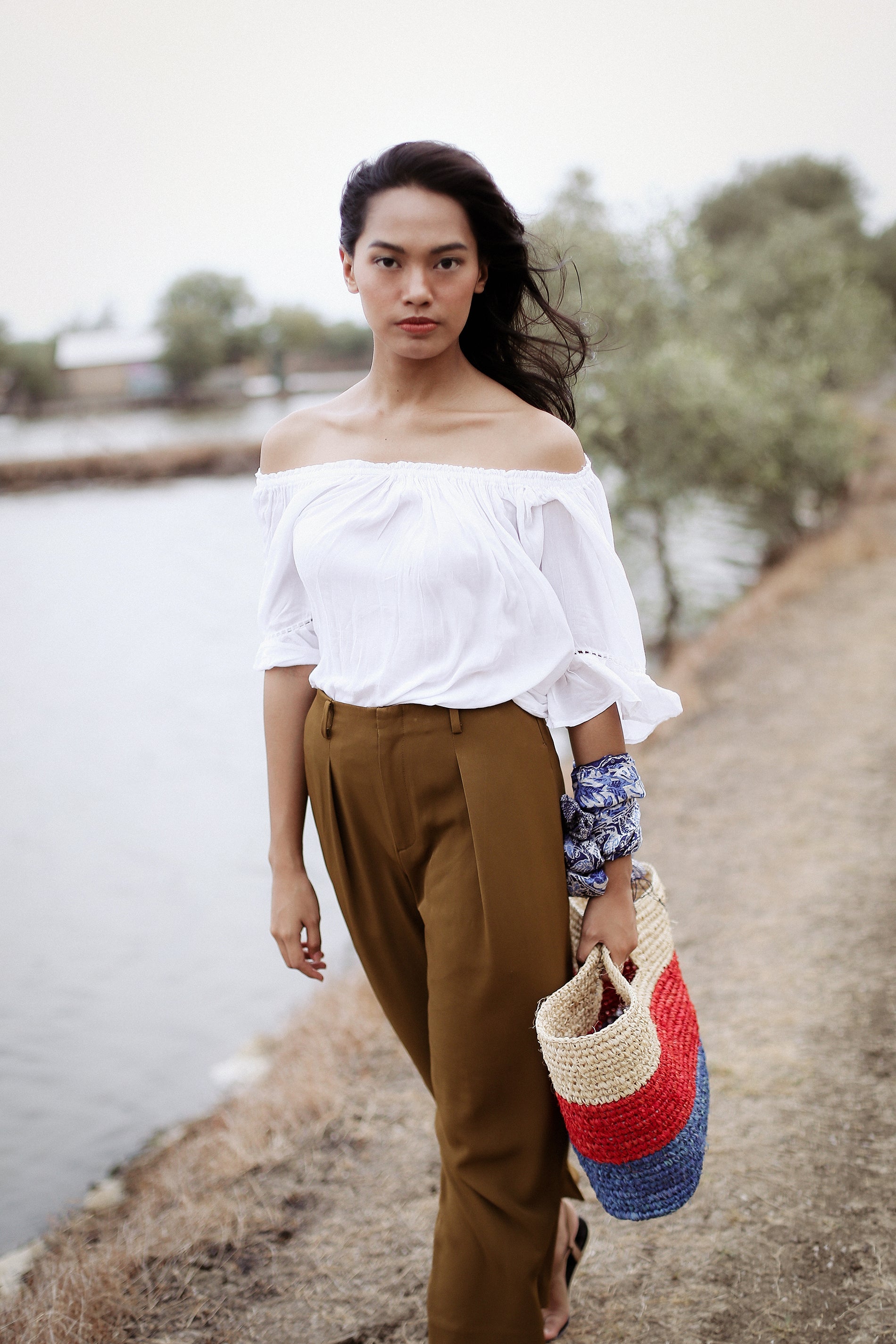 SAYAN Raffia Tote Bag, in Red & Blue BrunnaCo