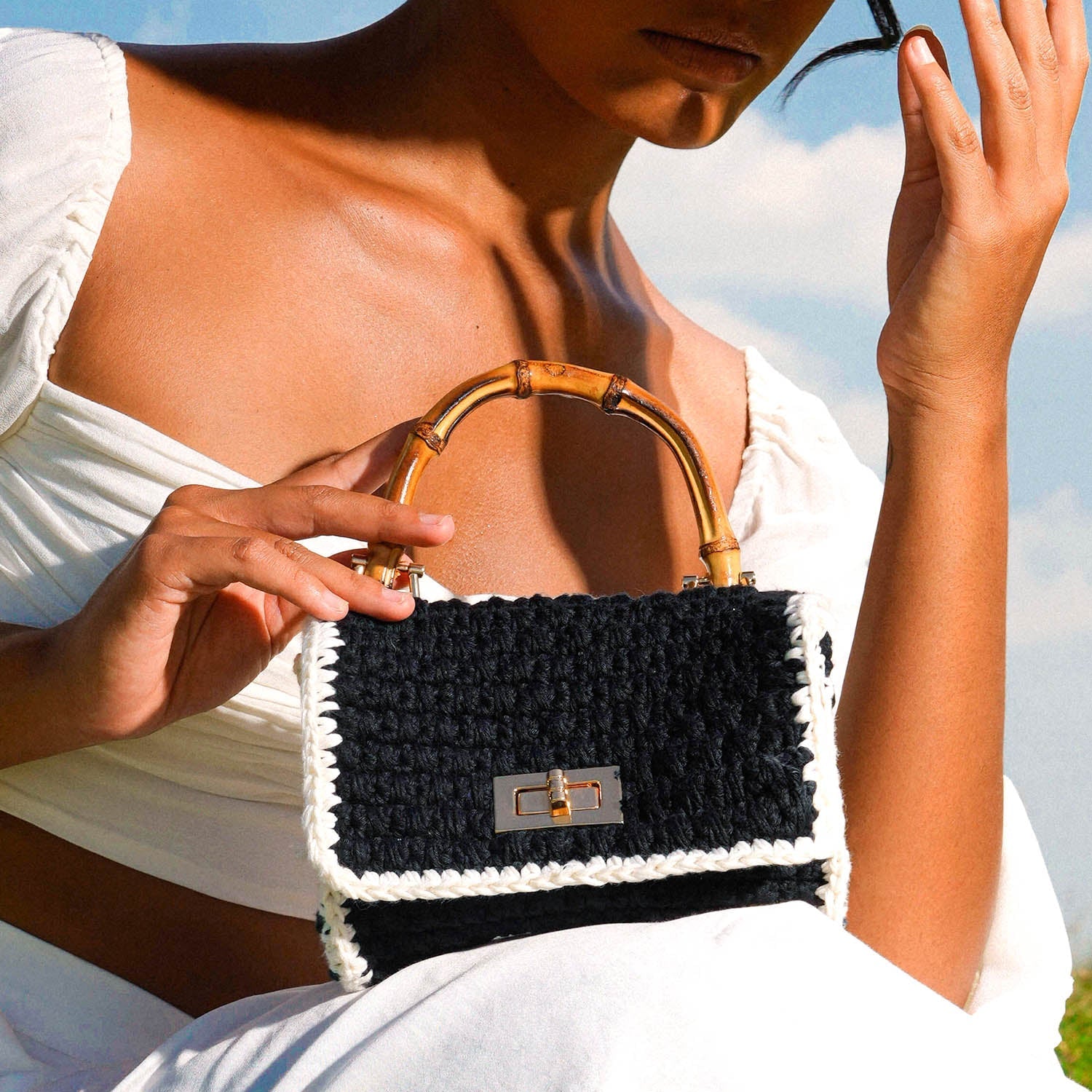 AIRMAIL Mini Crochet Handbag In Black & White - Diazza