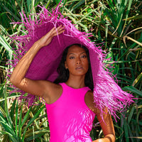 AMORA Oversized Woven Straw Hat in Hot Pink - Diazza
