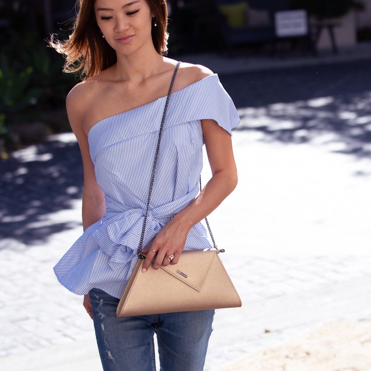 ANGELICA — Metallic Gold Saffiano Leather Clutch & Crossbody Bag - Diazza