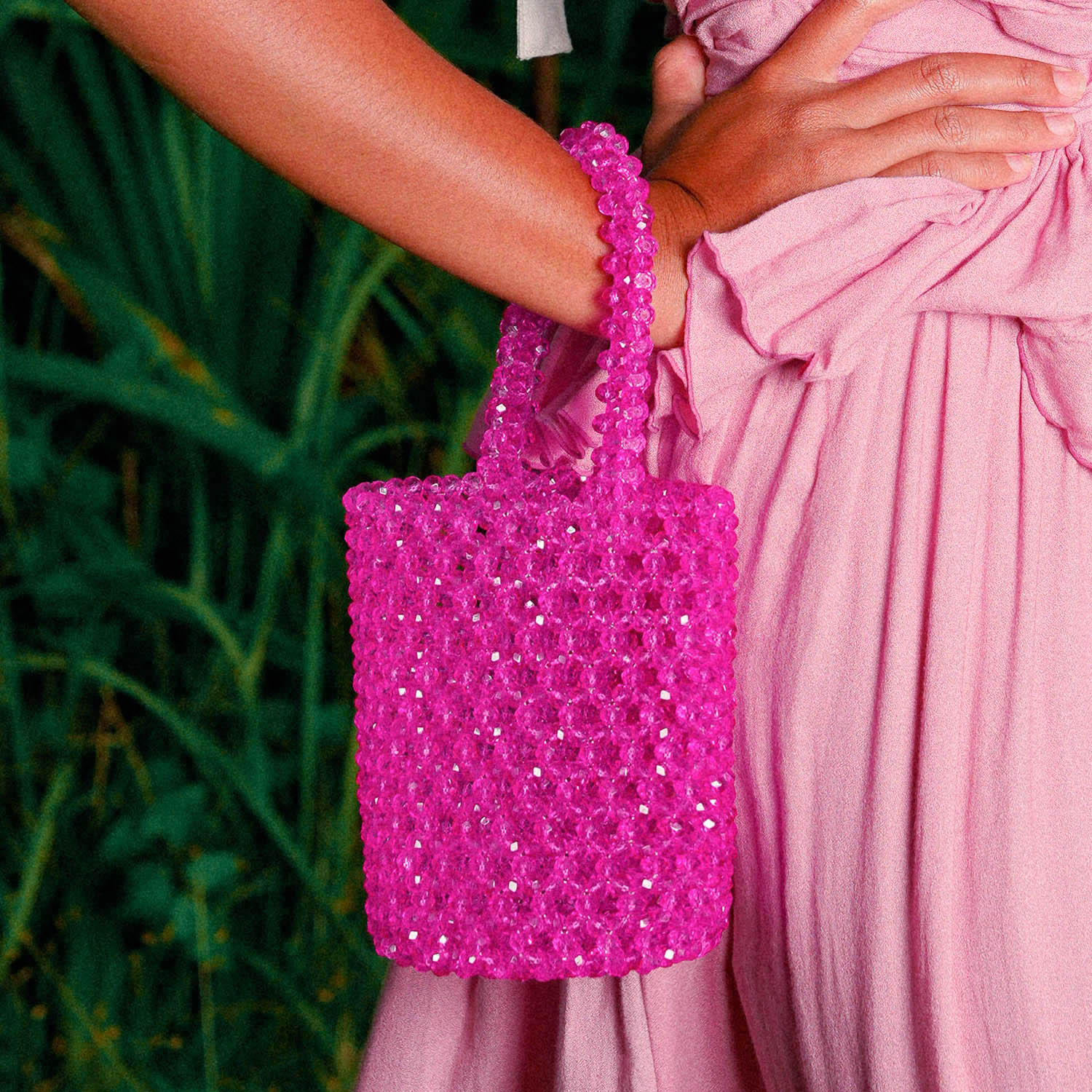 ANTONIA Crystal Beads Bucket Bag In Hot Pink - Diazza