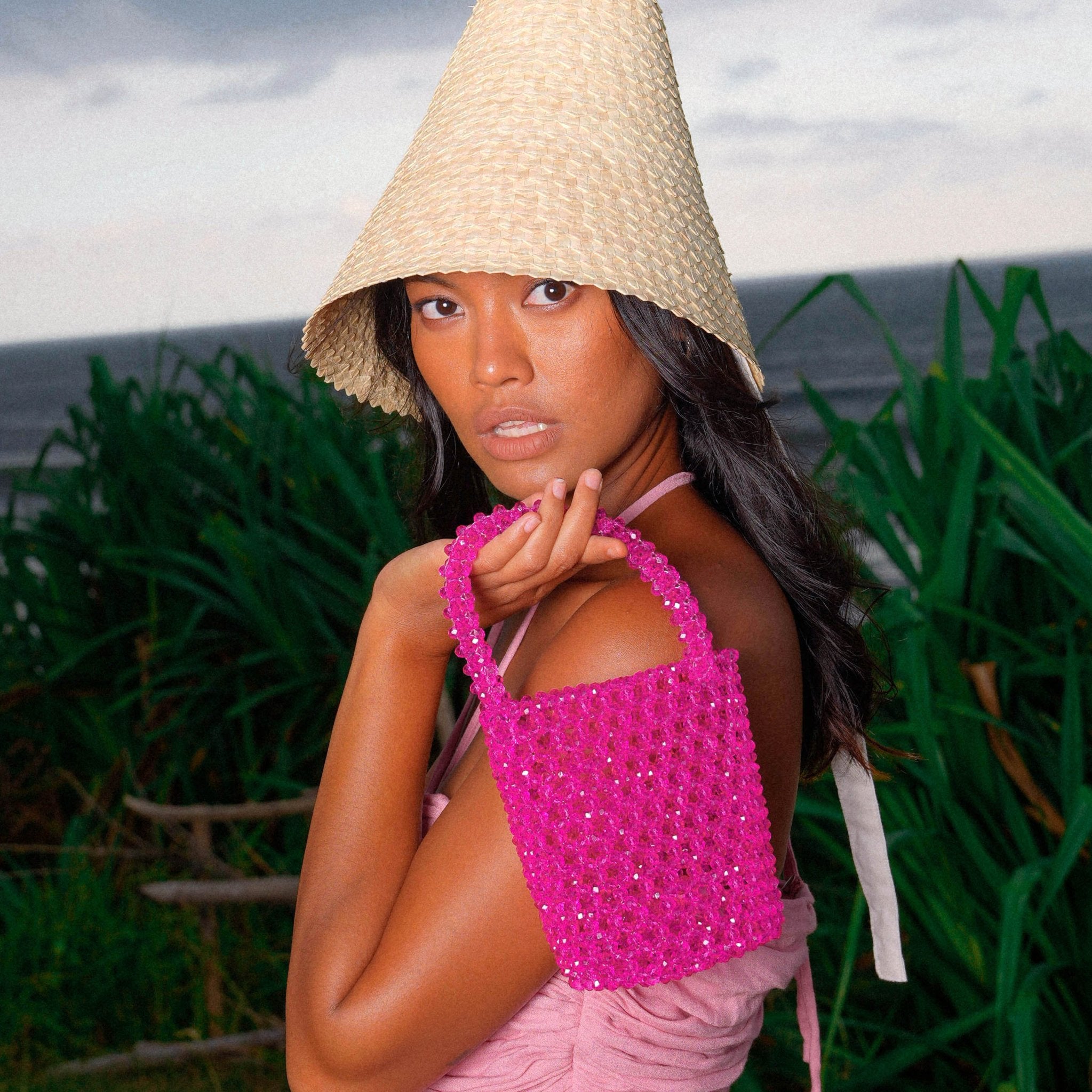 ANTONIA Crystal Beads Bucket Bag In Hot Pink - Diazza