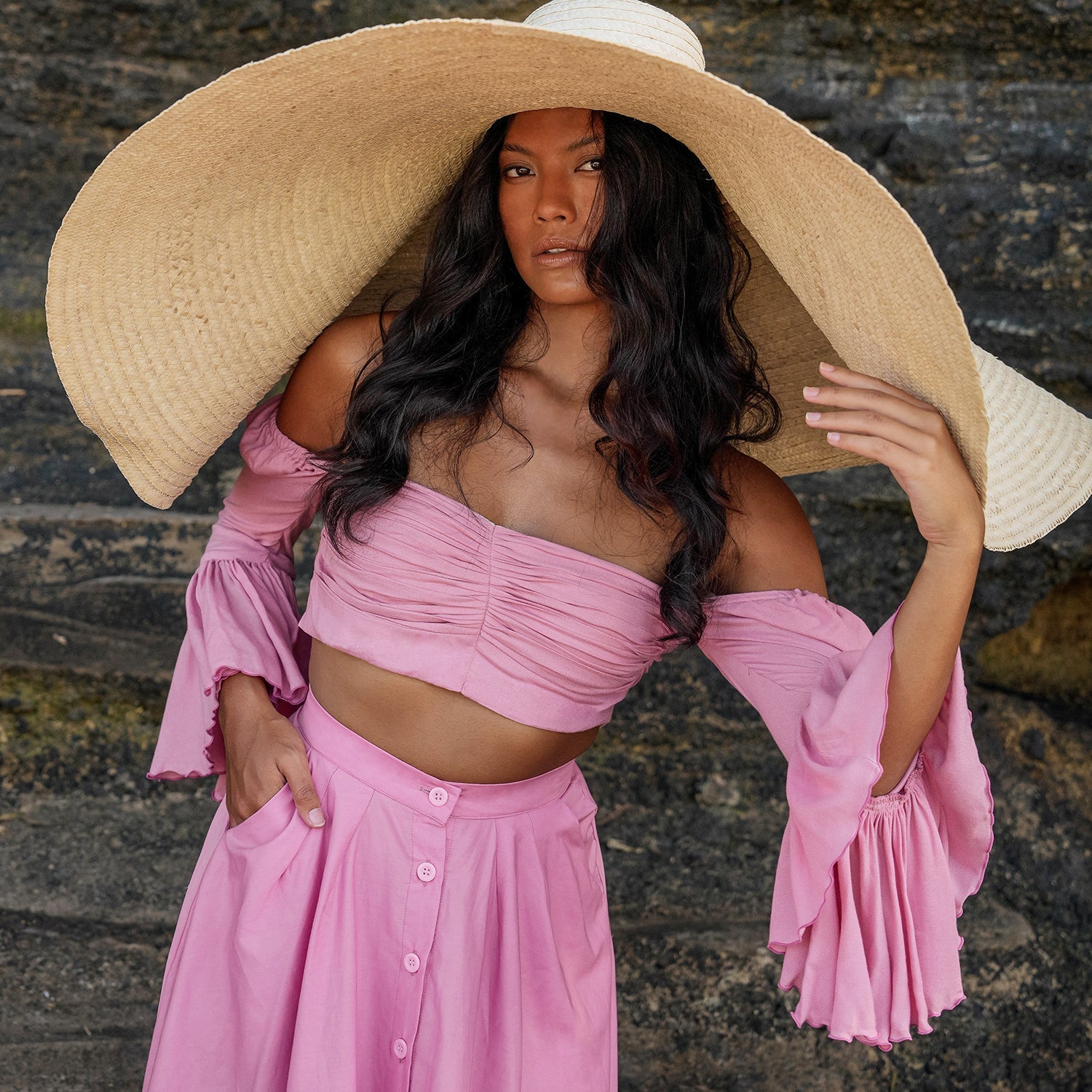 ARUM Flared Bamboo Top in Blush Pink - Diazza