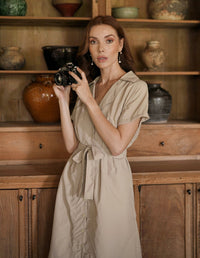 ARYA Safari Linen Midi Dress, in Beige - Diazza