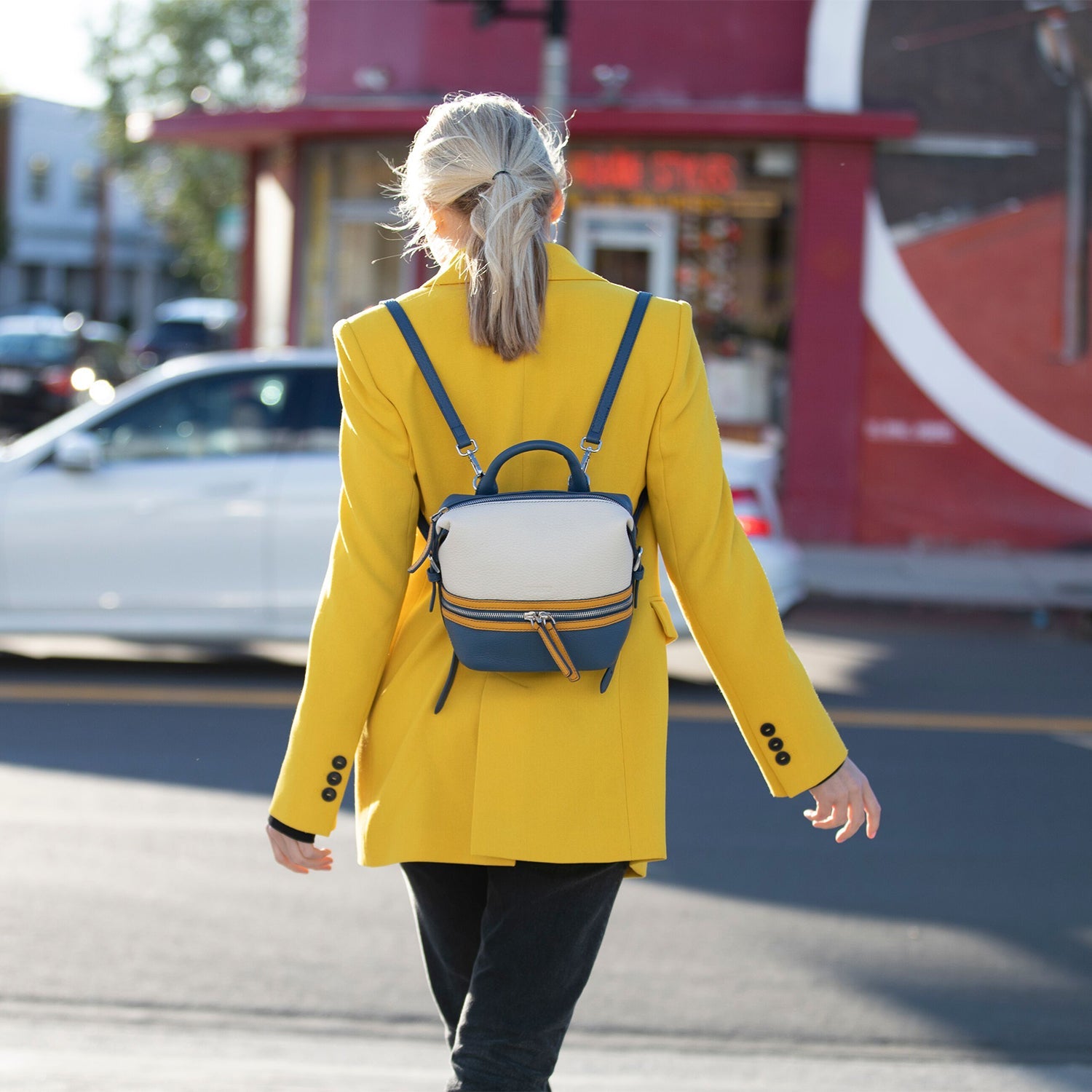 Blue White Yellow Leather Convertible Backpack