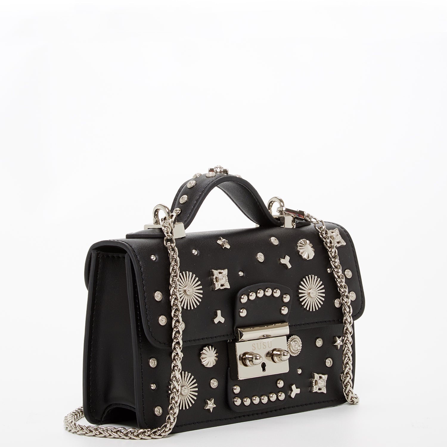 Studded Small Leather Crossbody Bag Black Purse SUSU