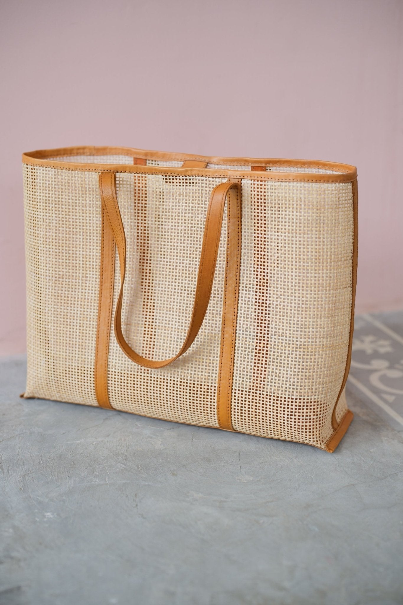 BRIANNA — Bali Handwoven Rattan & Leather Large Tote Bag, Tan - Diazza