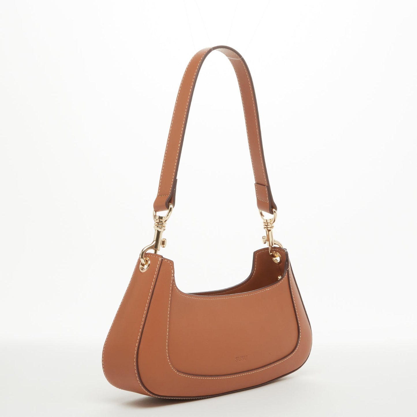 Brown Leather Baguette Bag - Women's Small Shoulder Handbag with Adjustable Strap - Diazza