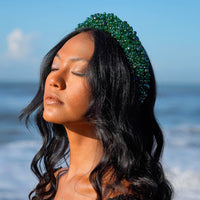 CROWN Glass Crystal Beads Headband In Emerald Green - Diazza