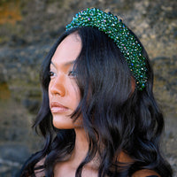 CROWN Glass Crystal Beads Headband In Emerald Green - Diazza