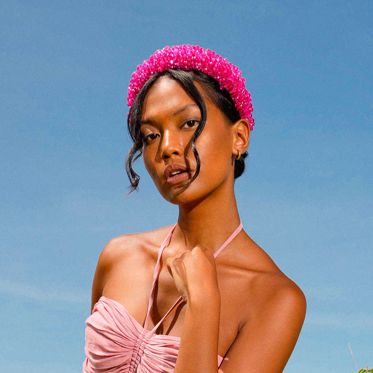 CROWN Glass Crystal Beads Headband In Shocking Pink - Diazza