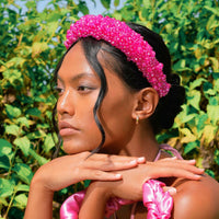 CROWN Glass Crystal Beads Headband In Shocking Pink - Diazza
