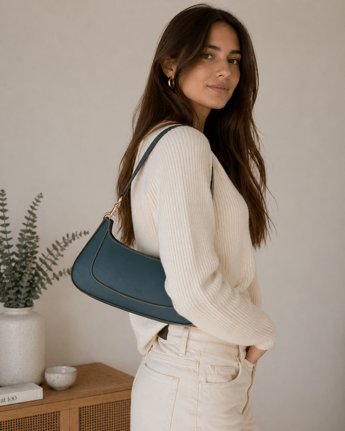 EAST WEST — Deep Blue Leather Baguette Shoulder Bag - Diazza