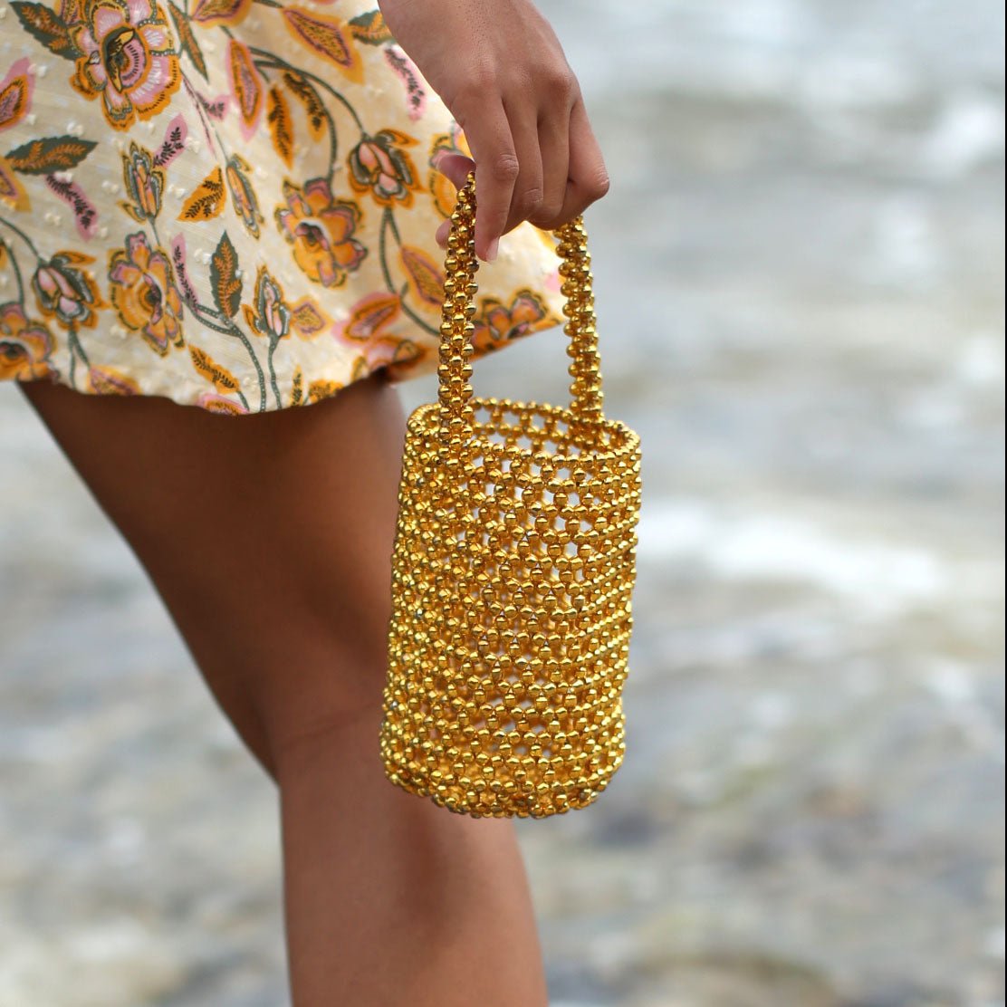 GOLDA Metallic Beads Bucket Bag In Gold - Diazza