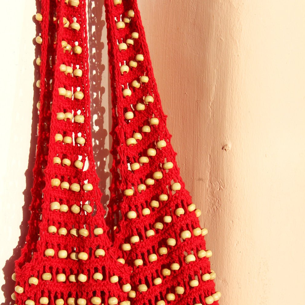 Karma Wooden Crochet Beads Bag in Red - Diazza