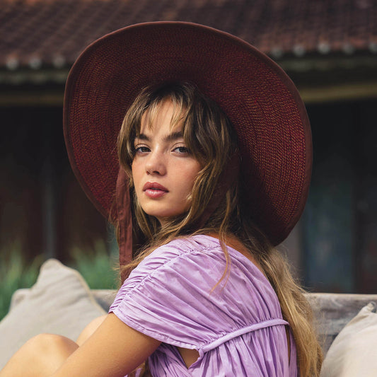 LOLO Wide - brim Jute Boater Hat in Burgundy - Diazza