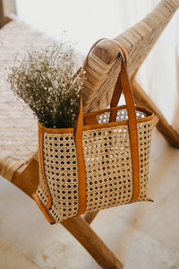 MAGNOLIA — Bali Handmade Cane Rattan & Leather Tote Bag - Diazza