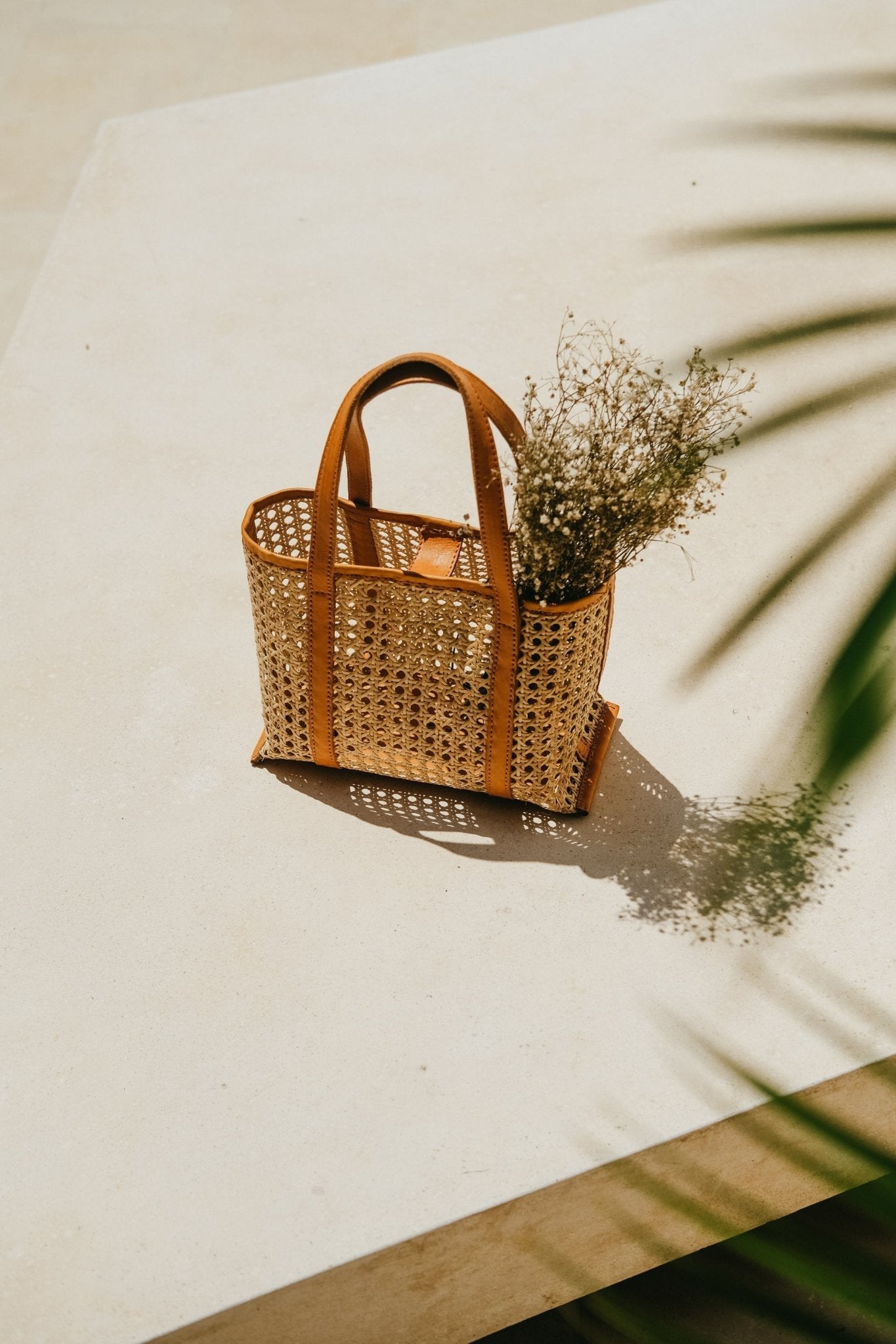 MAGNOLIA — Bali Handmade Cane Rattan & Leather Tote Bag - Diazza