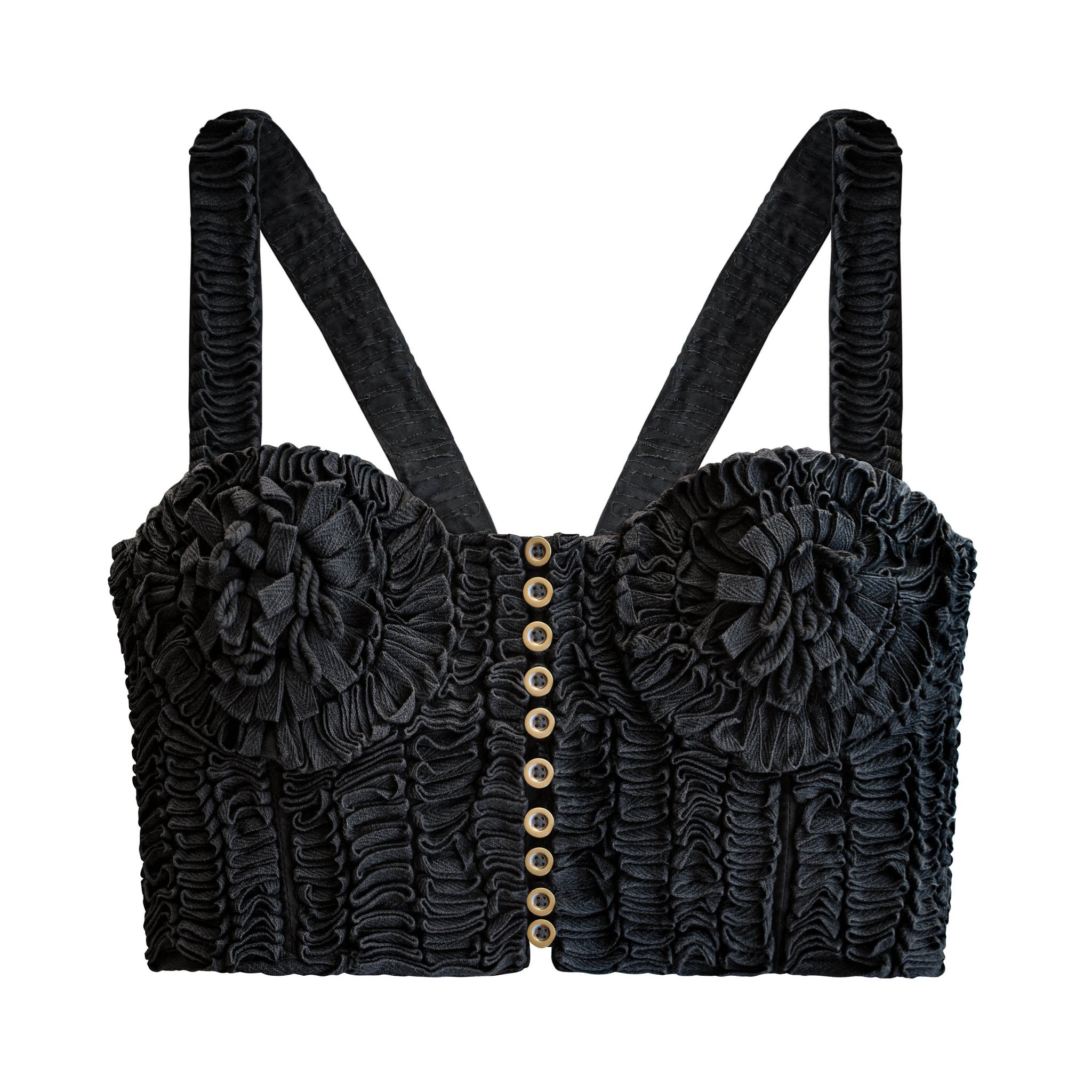 MARIGOLD Hand - embroidered Ribbon Bustier Top In Black - Diazza