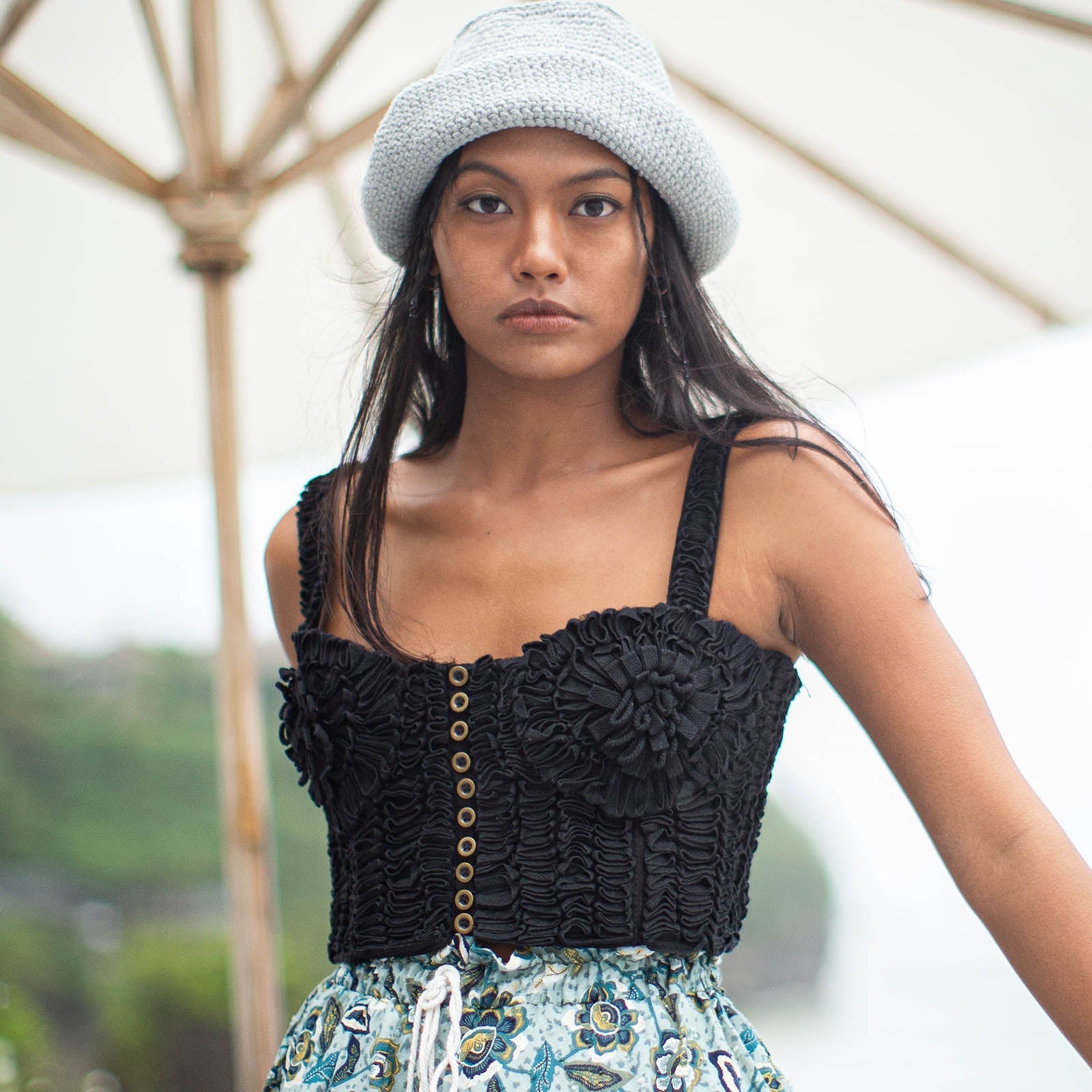 MARIGOLD Hand - embroidered Ribbon Bustier Top In Black - Diazza