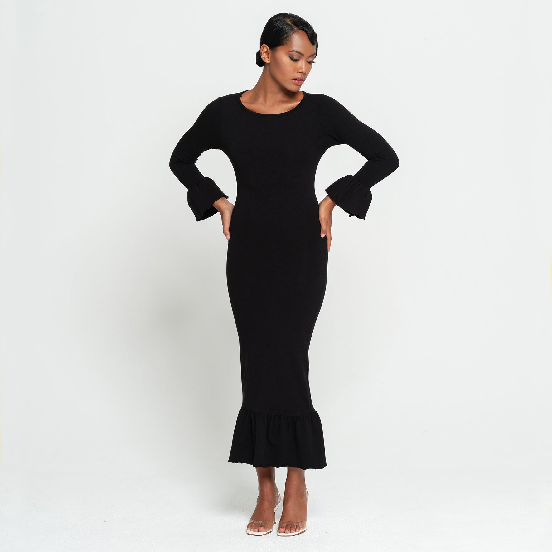 MARJORIE Bamboo Ruffle Dress, in Black - Diazza