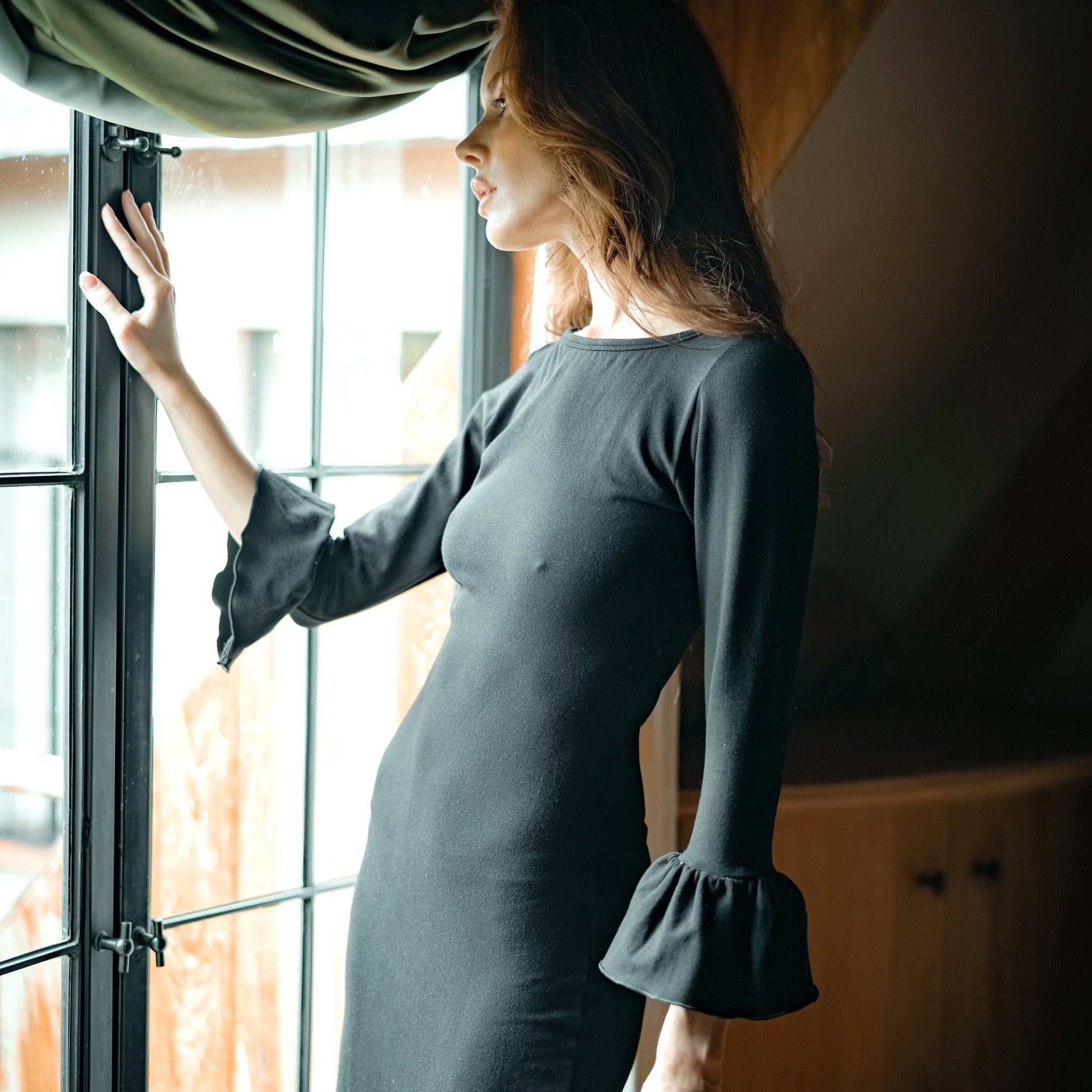 MARJORIE Bamboo Ruffle Dress, in Black - Diazza