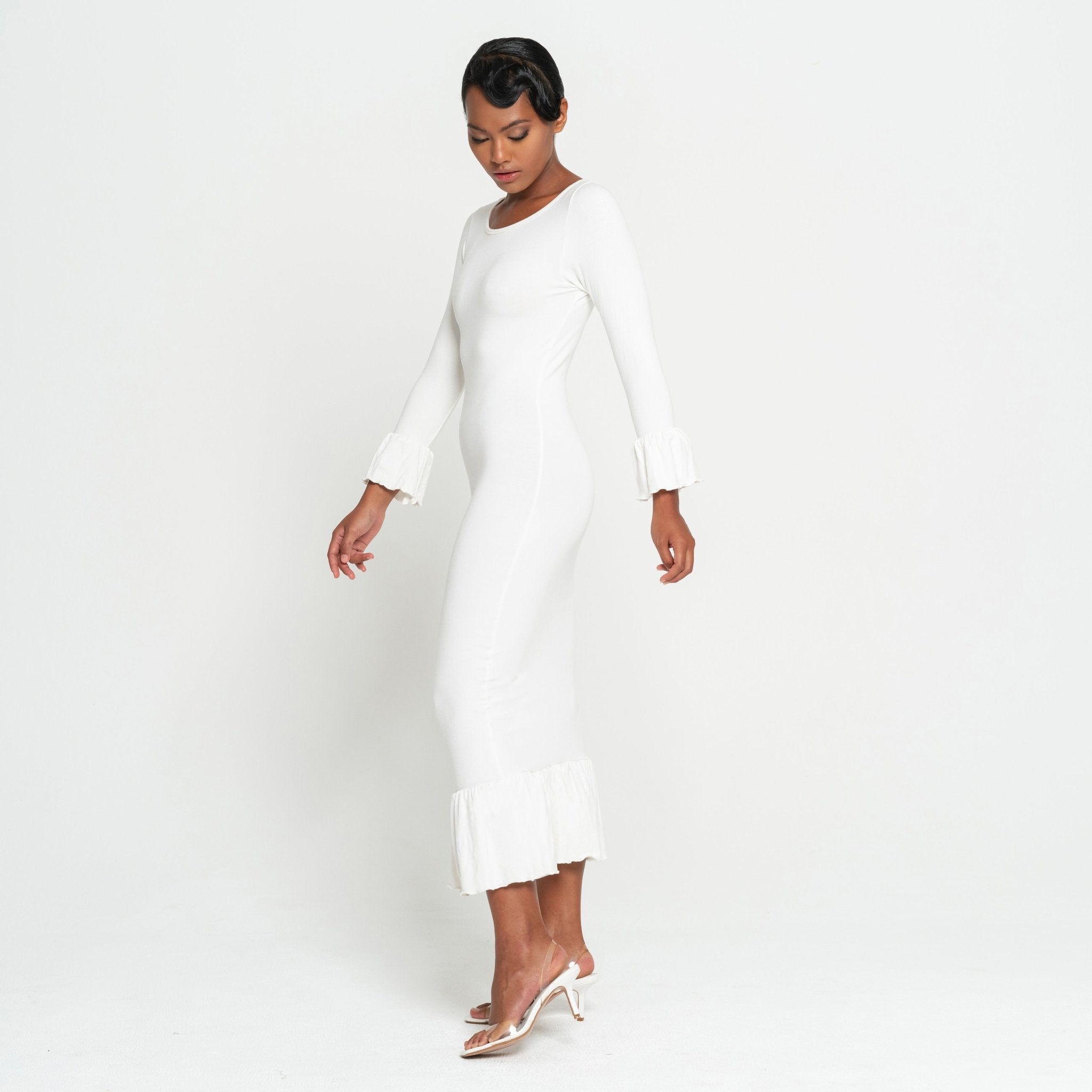 MARJORIE Bamboo Ruffle Dress In Off - white - Diazza