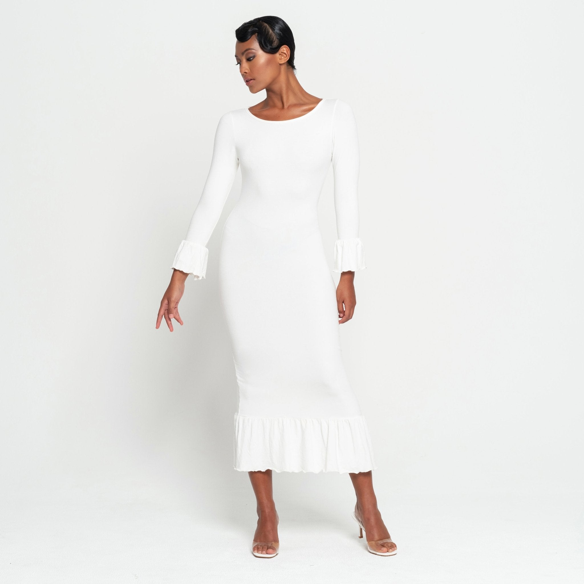 MARJORIE Bamboo Ruffle Dress In Off - white - Diazza