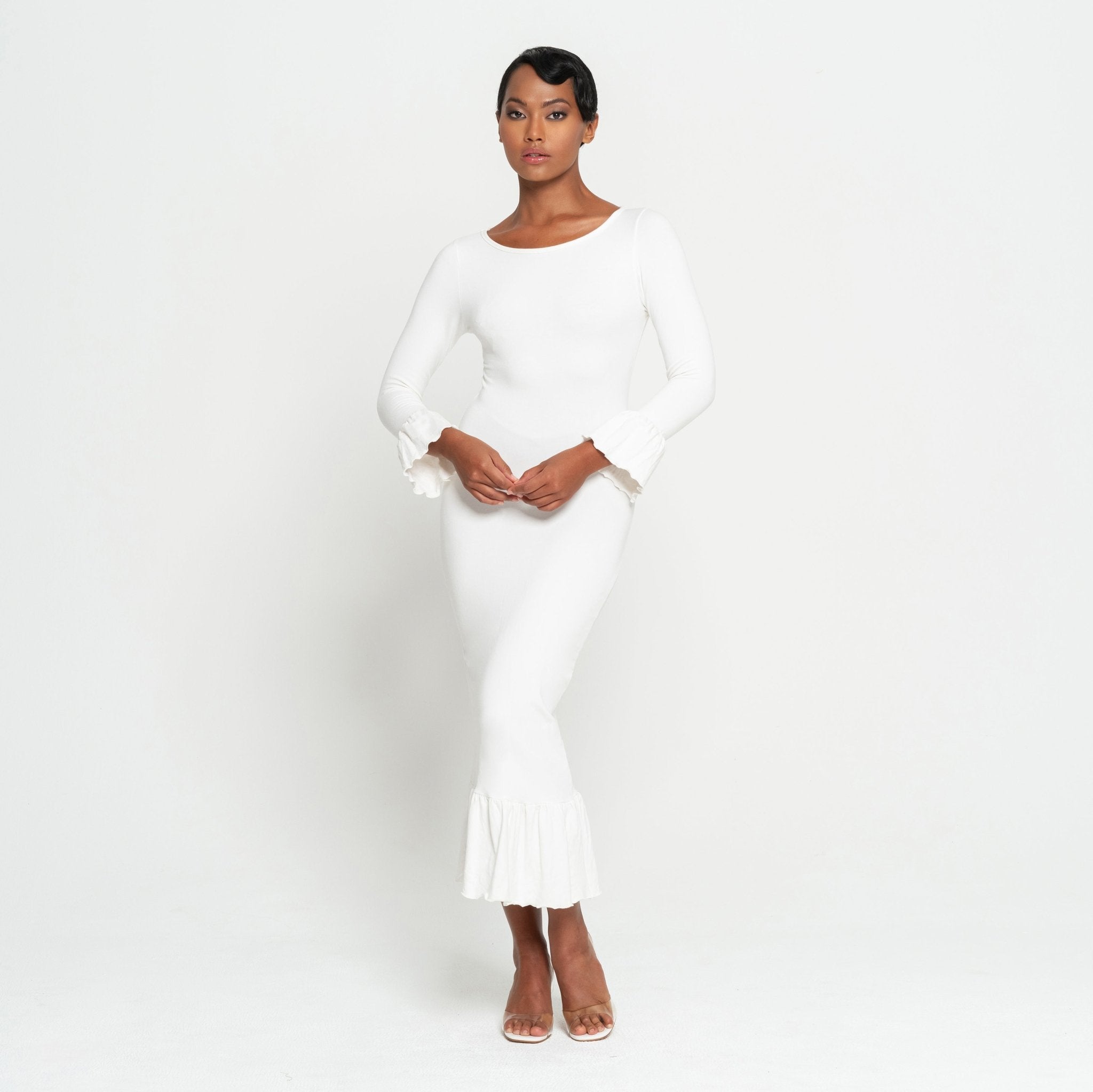 MARJORIE Bamboo Ruffle Dress In Off - white - Diazza