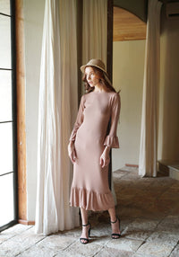 MARJORIE Ruffle Rib Dress, in Camel Brown - Diazza