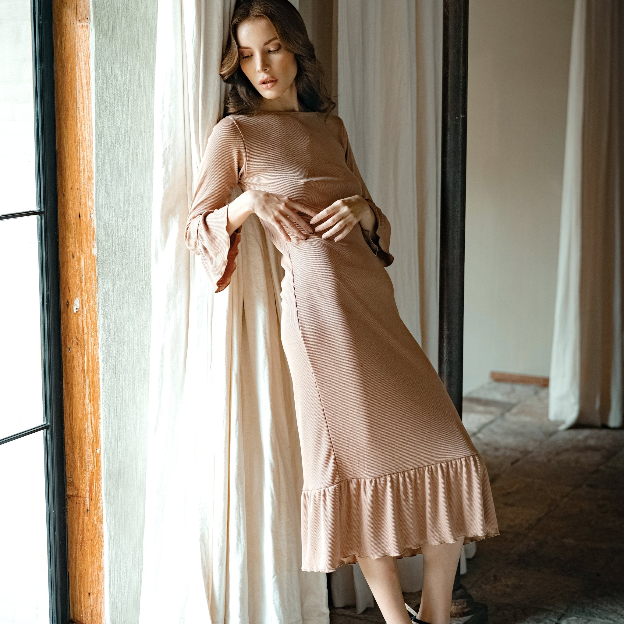 MARJORIE Ruffle Rib Dress, in Camel Brown - Diazza