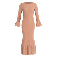 MARJORIE Ruffle Rib Dress, in Camel Brown - Diazza