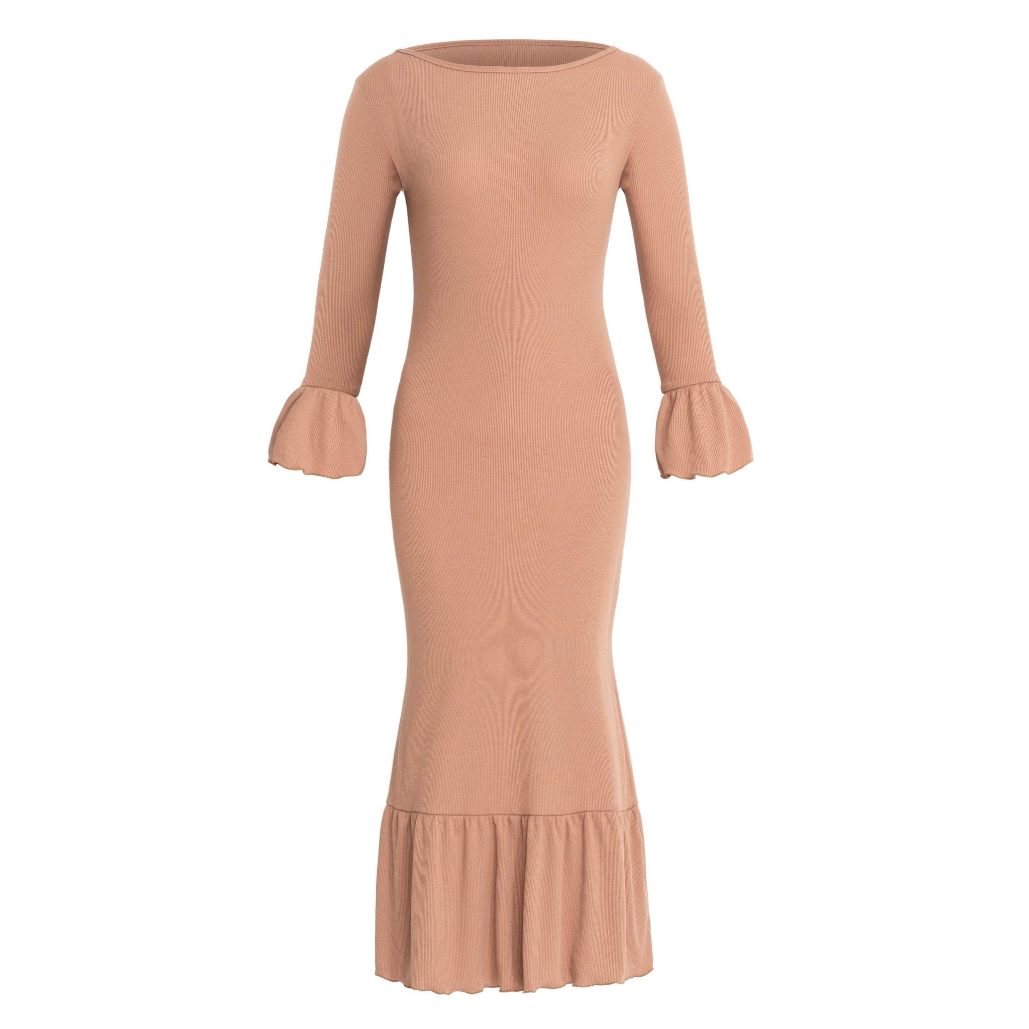 MARJORIE Ruffle Rib Dress, in Camel Brown - Diazza