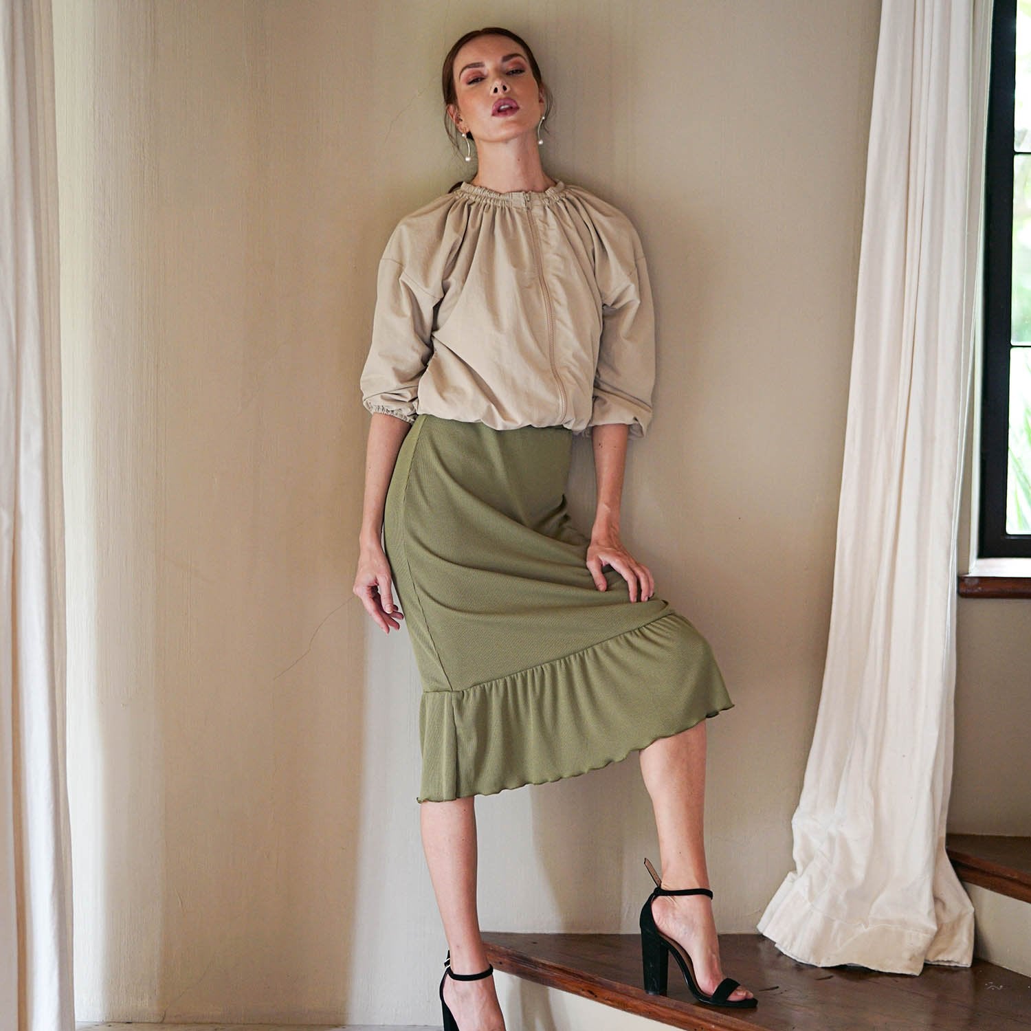 MARJORIE Ruffle Rib Skirt In Moss Green - Diazza